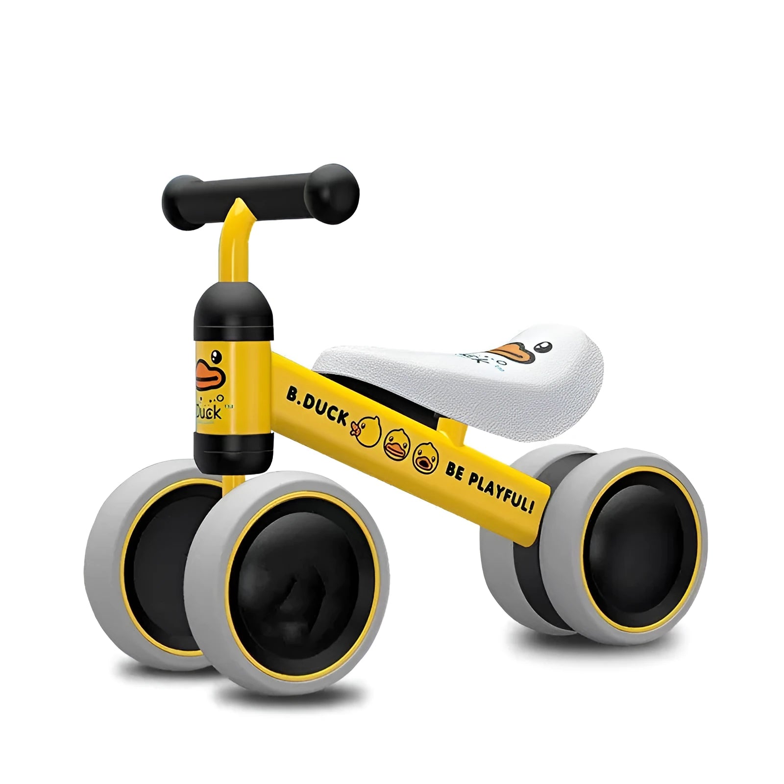 Plastic no-pedal baby balance bike with three wheels, carbon steel frame, EVA foam tyres, and artificial PU leather seat