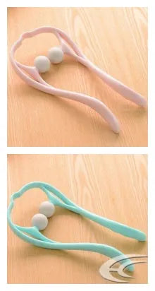 Blue plastic swan-shaped neck massager with hand roller and adjustable stand on a white background