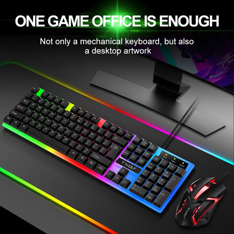 Wired rainbow backlit ergonomic gaming keyboard with USB cable, black colour option