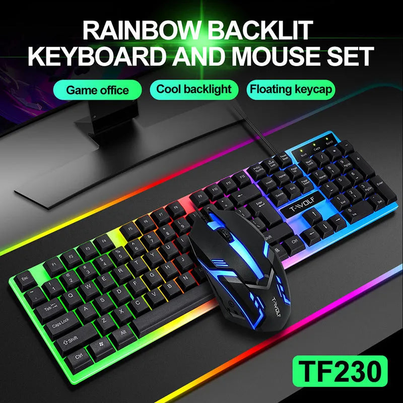 Wired rainbow backlit ergonomic gaming keyboard with USB cable, black colour option