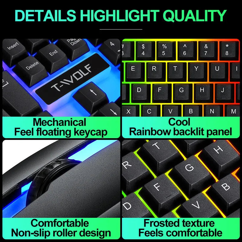 Wired rainbow backlit ergonomic gaming keyboard with USB cable, black colour option