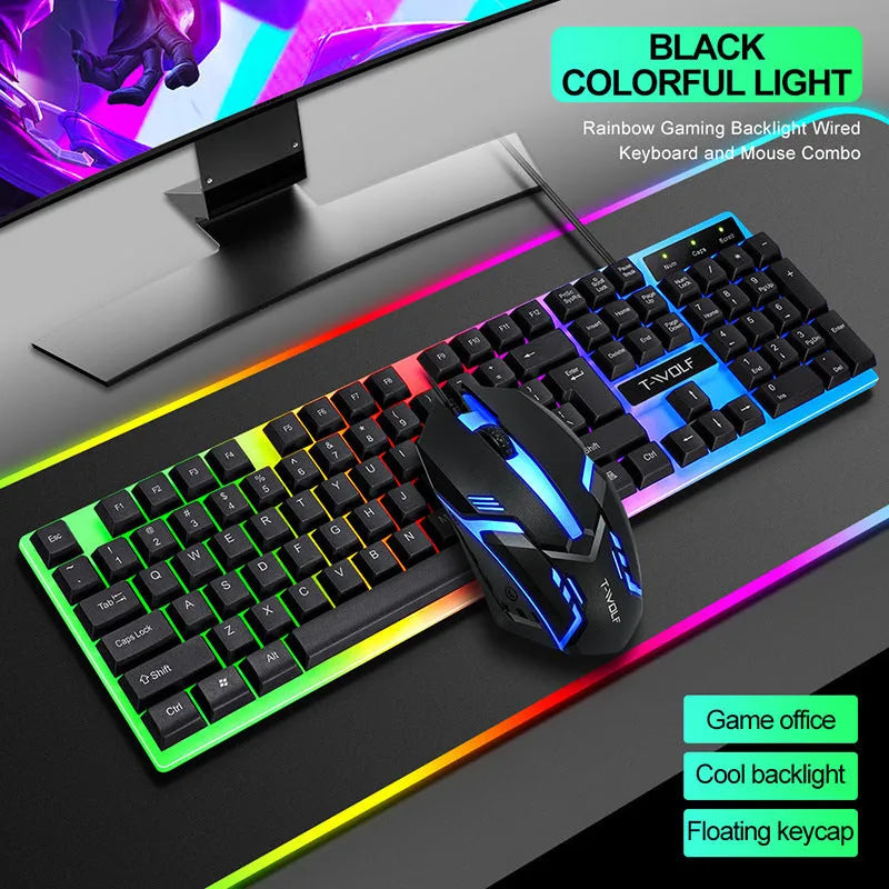 Wired rainbow backlit ergonomic gaming keyboard with USB cable, black colour option