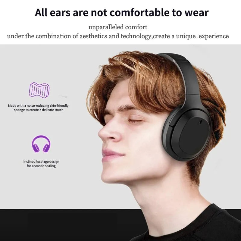 Black over-ear Bluetooth headphones with memory-protein ear cushions and stainless steel headband adjustment