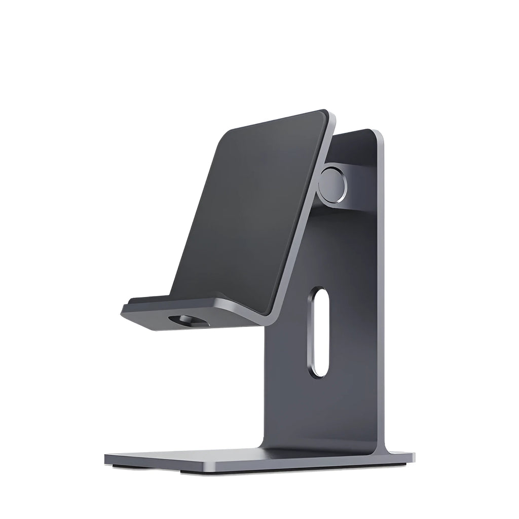 Alloy mobile phone and tablet holder in dark gray on a wooden desk