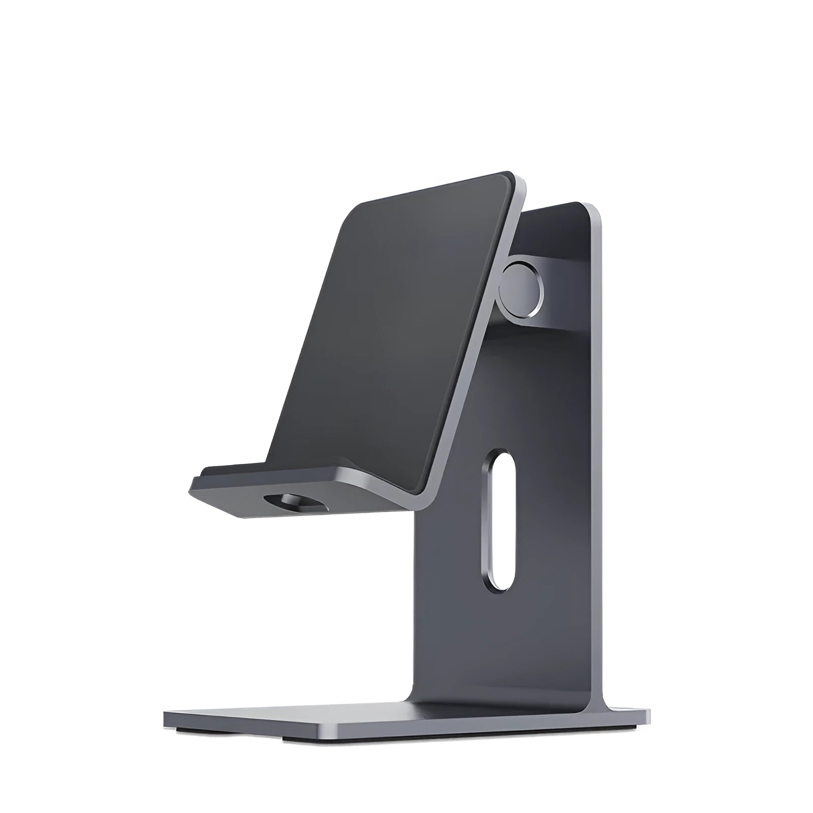 Alloy mobile phone and tablet holder in dark gray on a wooden desk