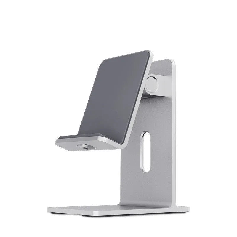 Alloy mobile phone and tablet holder in dark gray on a wooden desk