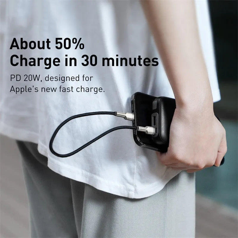 Mobile phone 20W fast charging cable with Type-C to Apple connector in black, 1m length