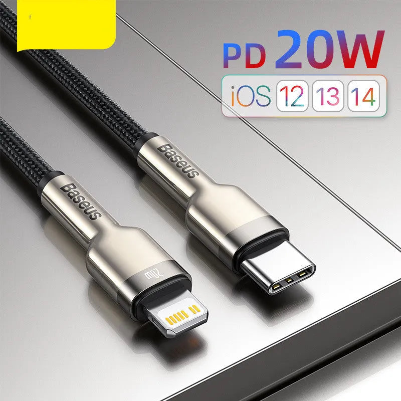 Mobile phone 20W fast charging cable with Type-C to Apple connector in black, 1m length