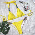 Purple halter bikini with crystal diamond and rhinestone detailing for women, polyester swimwear with chest pads