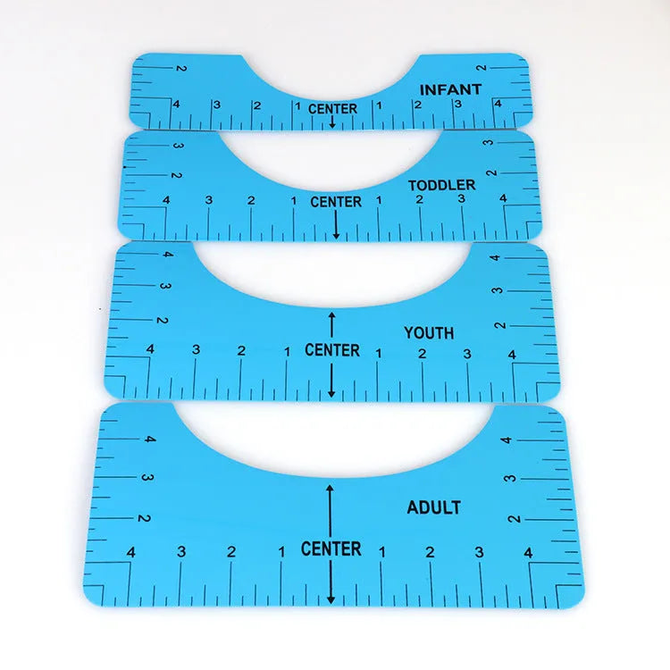 Four PVC guide rulers for T-shirt alignment and calibration, in a 4-piece set with multiple colour options