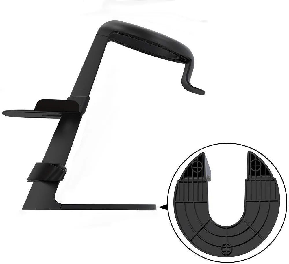 Black ABS plastic wall mount bracket holding an Oculus VR headset securely in place