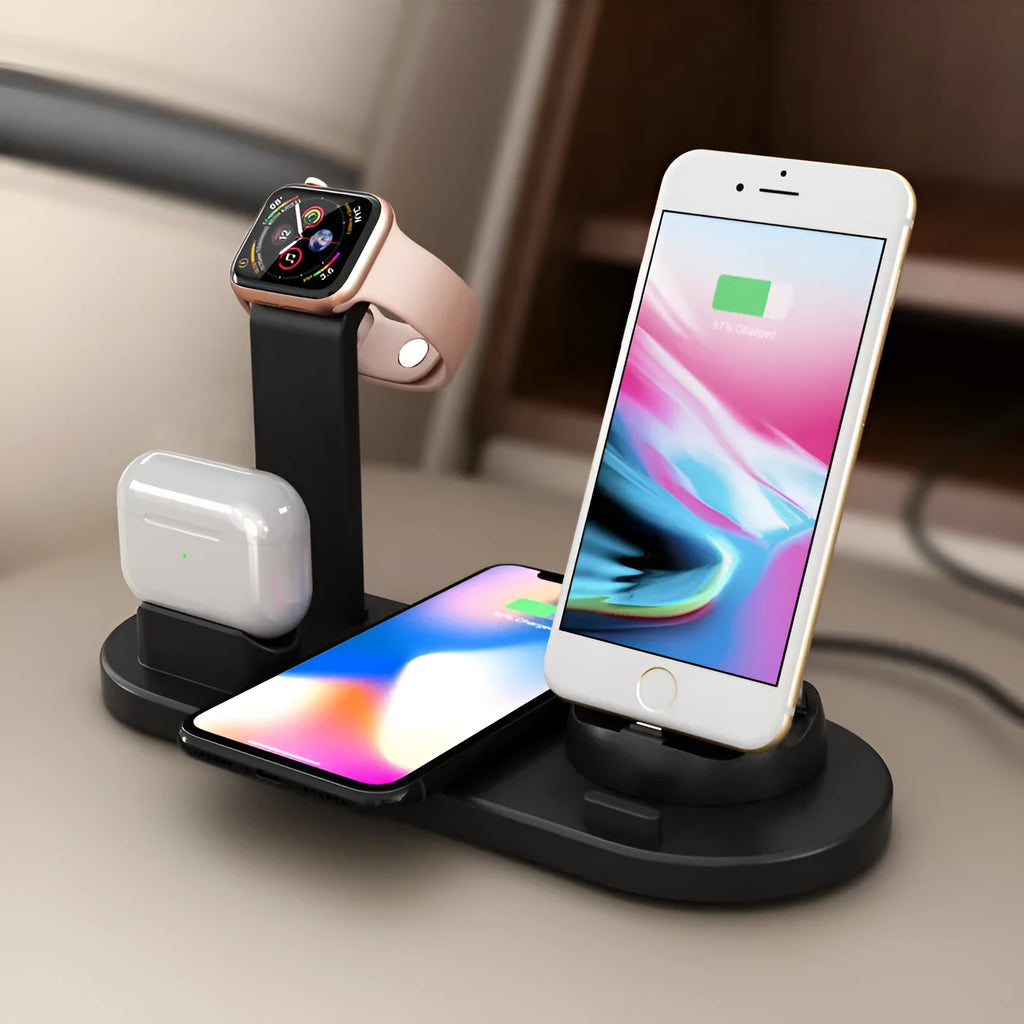 Three-in-one wireless charging bracket showing Apple Watch, AirPods and smartphone charging simultaneously