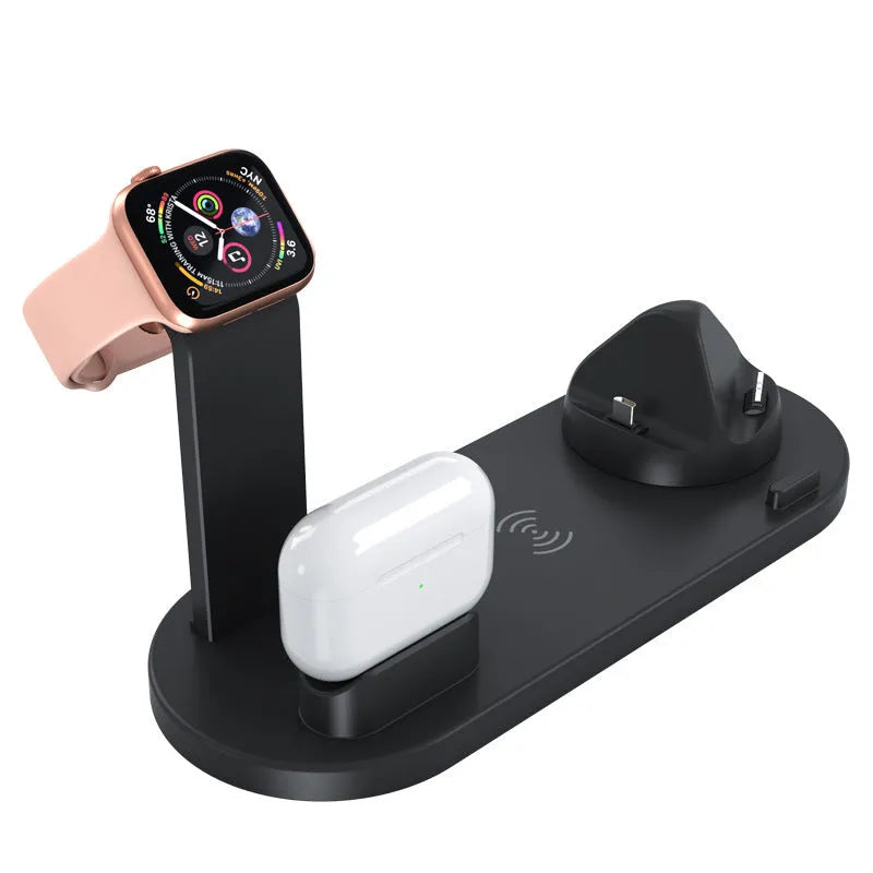 Three-in-one wireless charging bracket showing Apple Watch, AirPods and smartphone charging simultaneously
