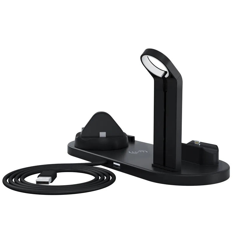 Three-in-one wireless charging bracket showing Apple Watch, AirPods and smartphone charging simultaneously