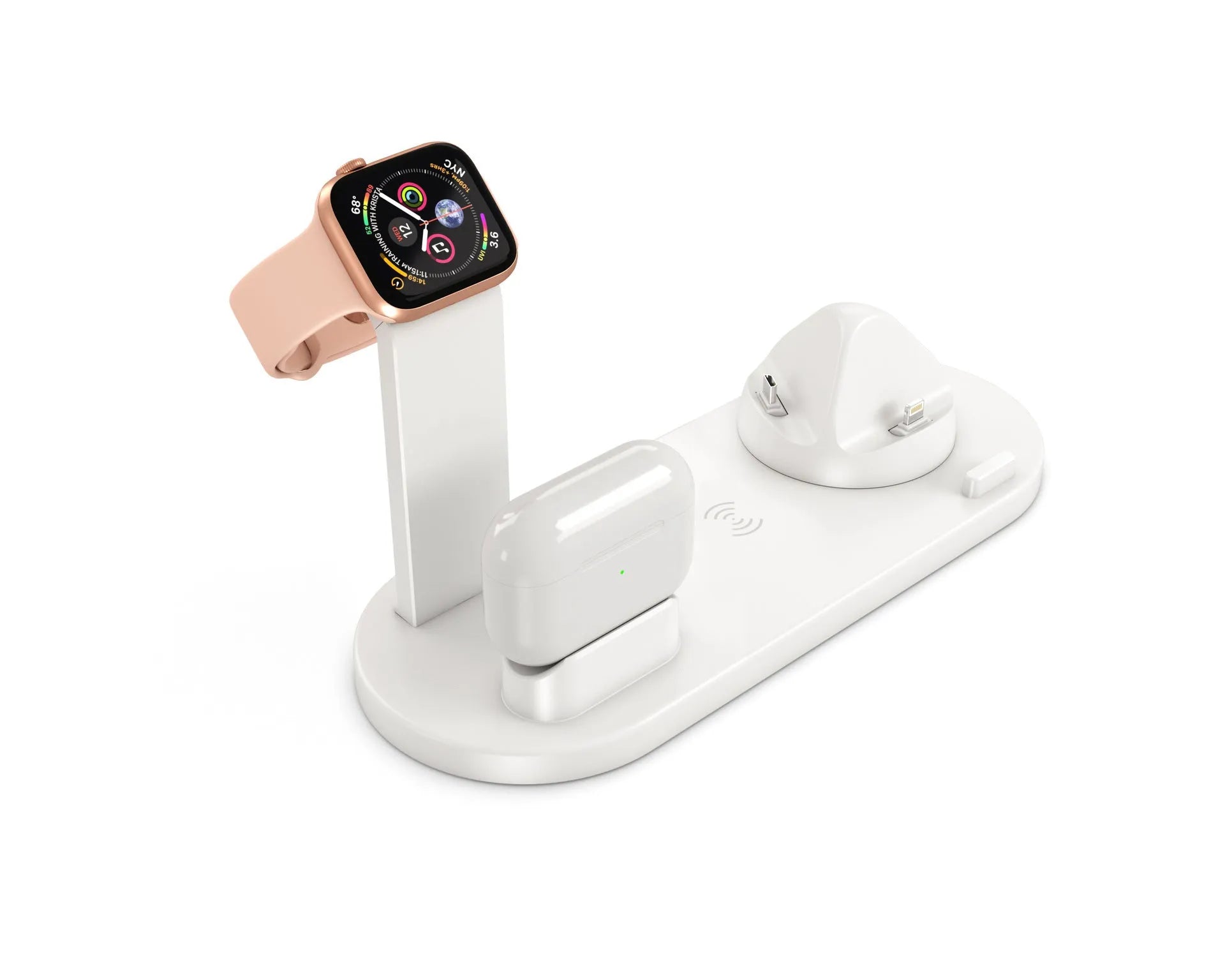 Three-in-one wireless charging bracket showing Apple Watch, AirPods and smartphone charging simultaneously