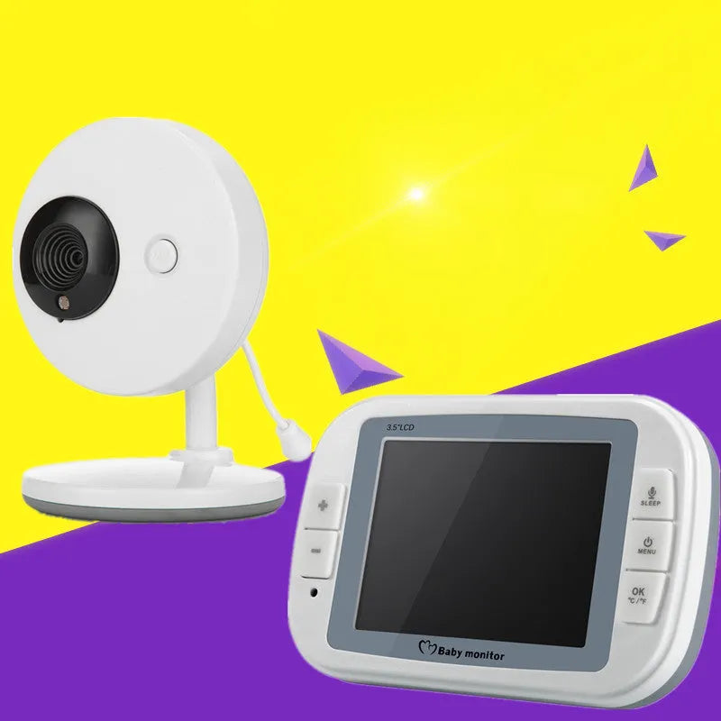 White 3.5 inch digital wireless baby monitor and UFO-style camera unit on a nursery shelf