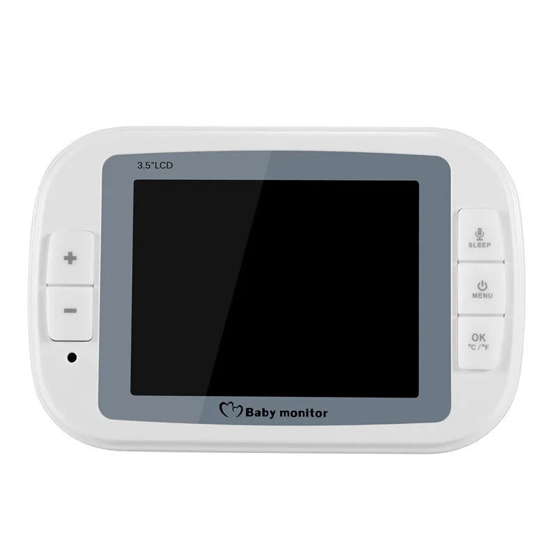 White 3.5 inch digital wireless baby monitor and UFO-style camera unit on a nursery shelf