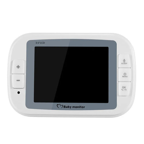 White 3.5 inch digital wireless baby monitor and UFO-style camera unit on a nursery shelf