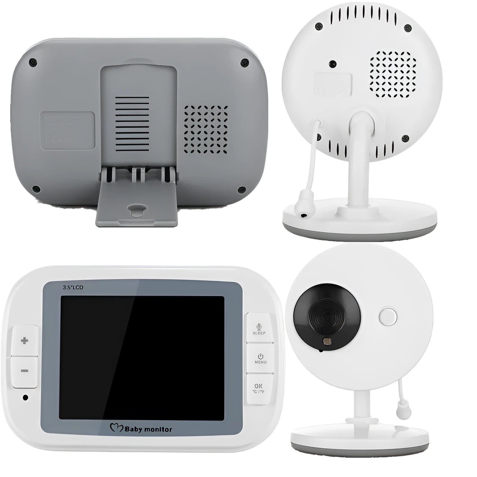 White 3.5 inch digital wireless baby monitor and UFO-style camera unit on a nursery shelf