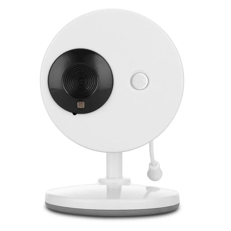 White 3.5 inch digital wireless baby monitor and UFO-style camera unit on a nursery shelf