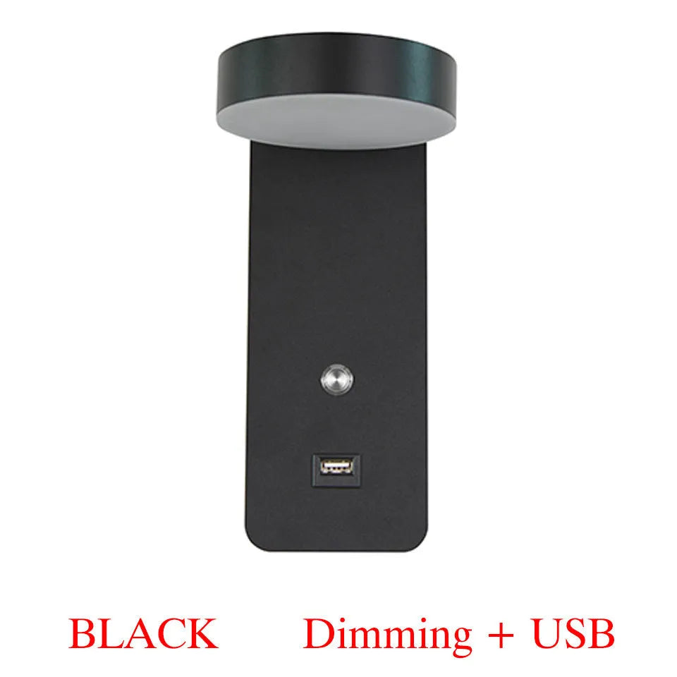Black LED wall lamp with acrylic shade, stepless dimming, rotating head, square shape, mounted on wall