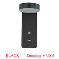 Black LED wall lamp with acrylic shade, stepless dimming, rotating head, square shape, mounted on wall