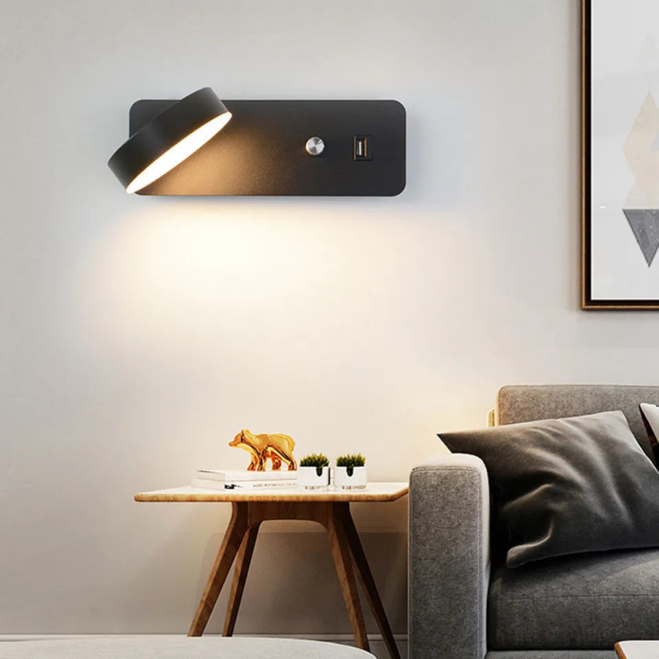 Black LED wall lamp with acrylic shade, stepless dimming, rotating head, square shape, mounted on wall