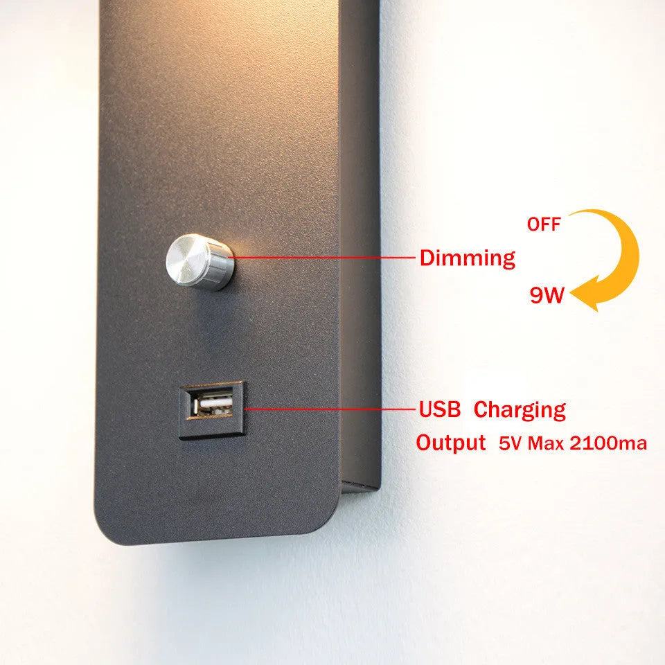 Black LED wall lamp with acrylic shade, stepless dimming, rotating head, square shape, mounted on wall