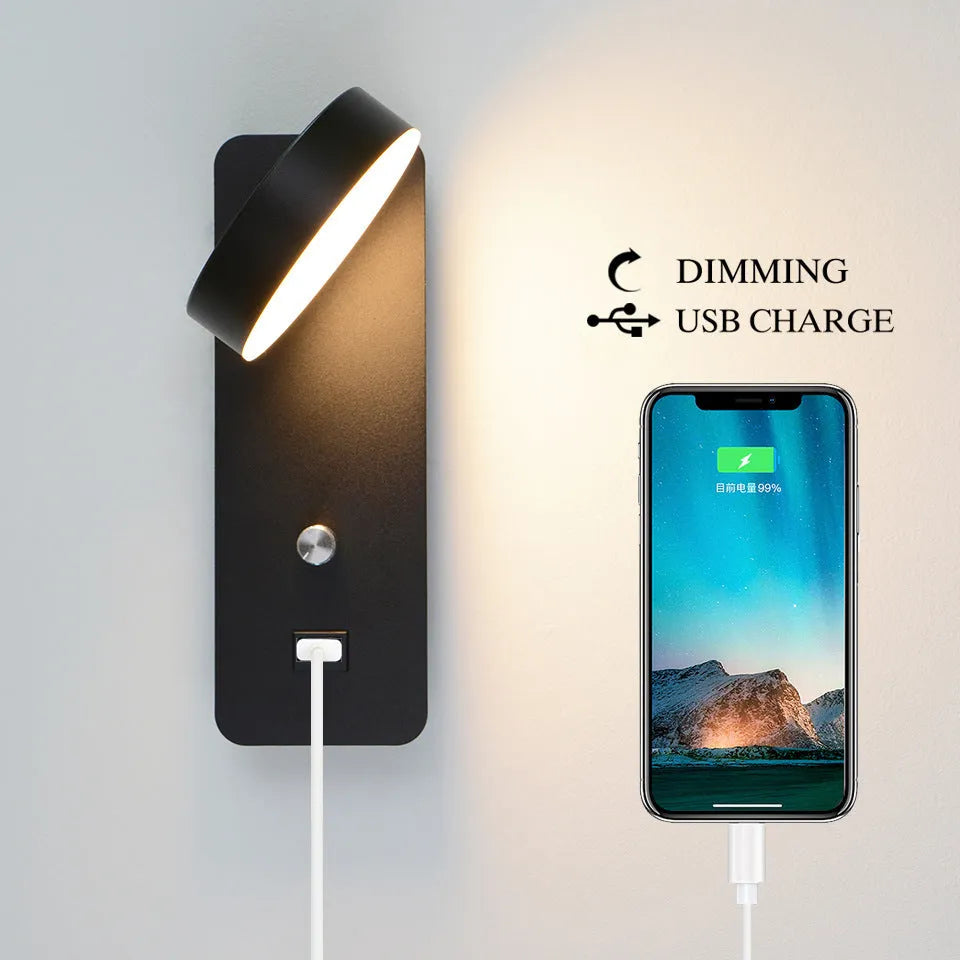 Black LED wall lamp with acrylic shade, stepless dimming, rotating head, square shape, mounted on wall