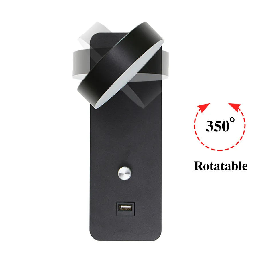 Black LED wall lamp with acrylic shade, stepless dimming, rotating head, square shape, mounted on wall