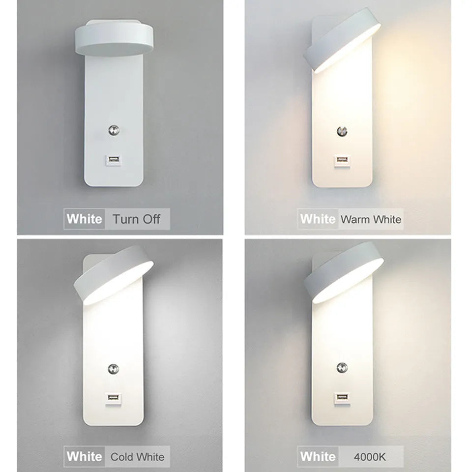 Black LED wall lamp with acrylic shade, stepless dimming, rotating head, square shape, mounted on wall