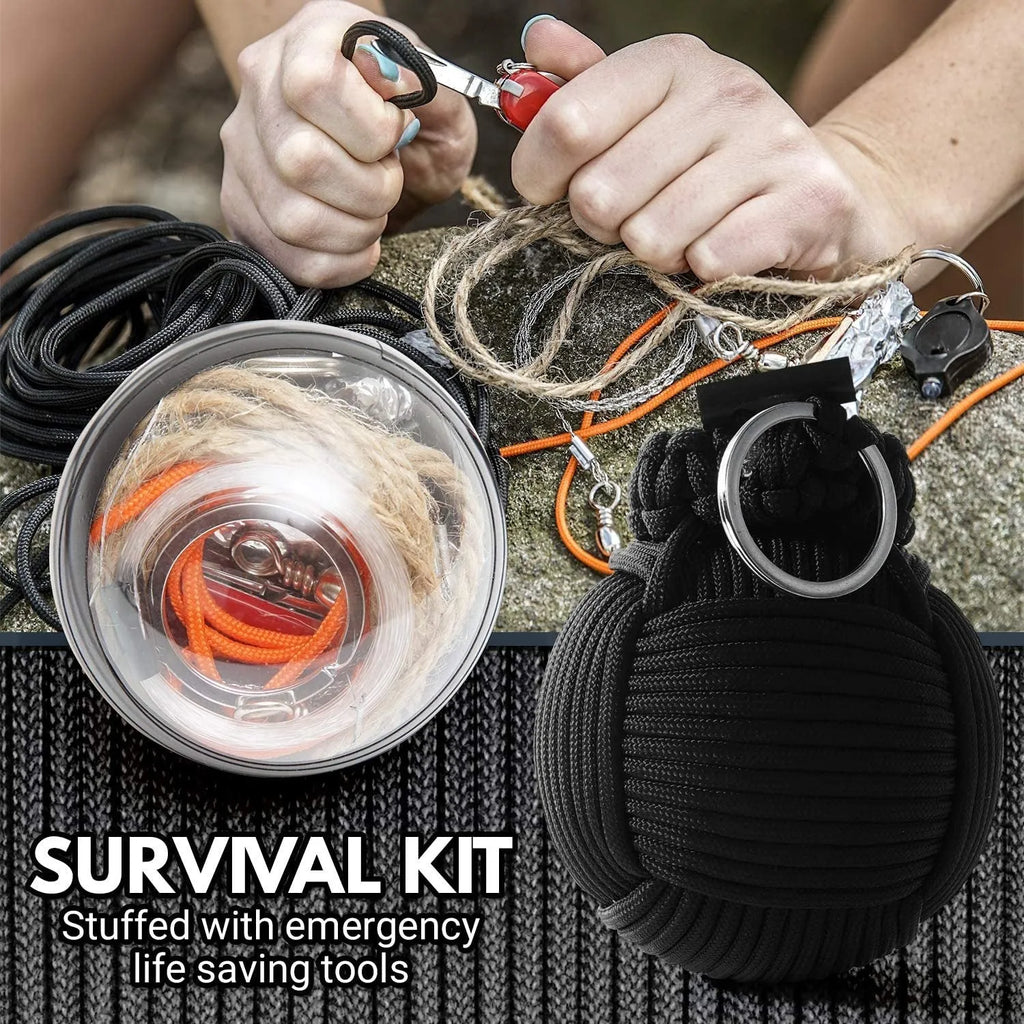 Outdoor survival tool tactical pack in black with seven core umbrella rope and 9cm compact size