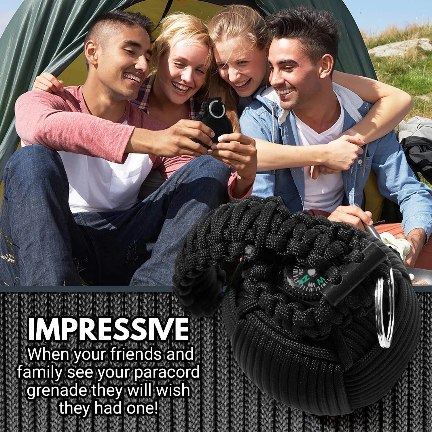 Outdoor survival tool tactical pack in black with seven core umbrella rope and 9cm compact size