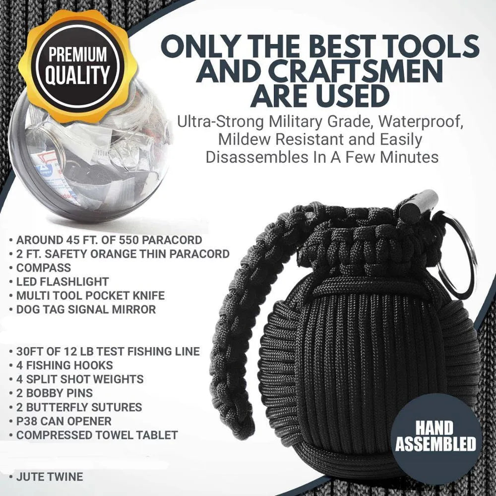 Outdoor survival tool tactical pack in black with seven core umbrella rope and 9cm compact size