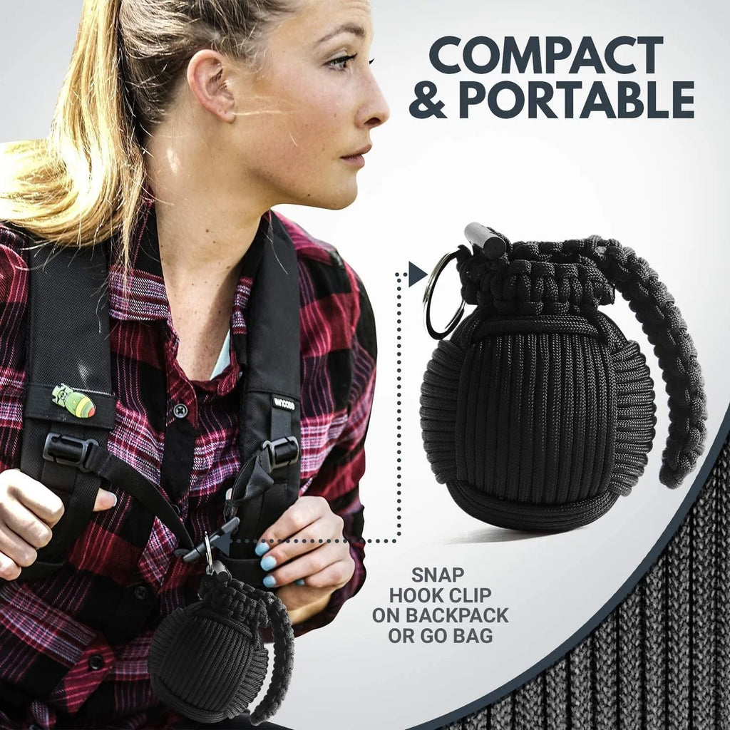 Outdoor survival tool tactical pack in black with seven core umbrella rope and 9cm compact size