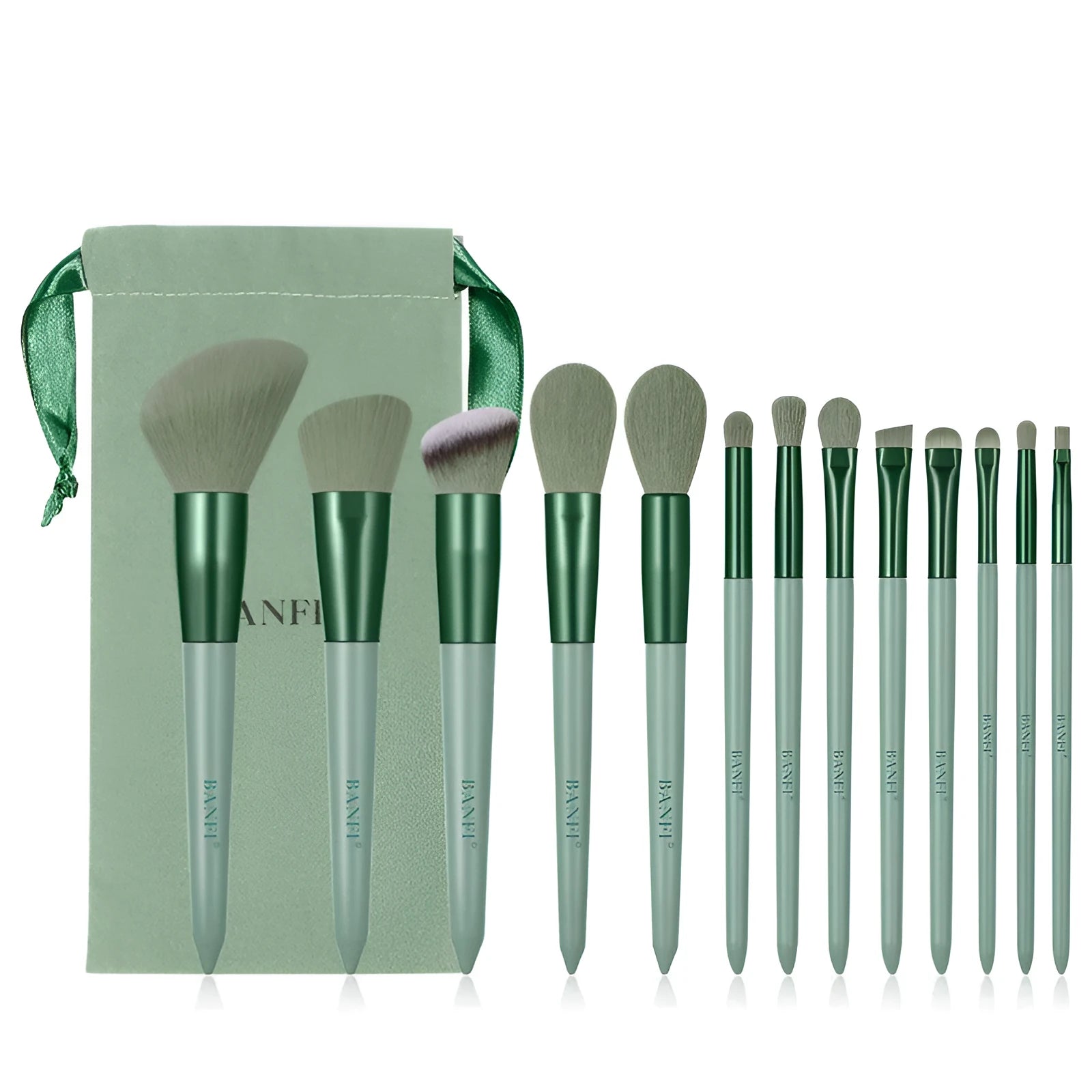 13-piece Wizard of Oz green makeup brush set with man-made fibre bristles and wooden handles in cloth bag