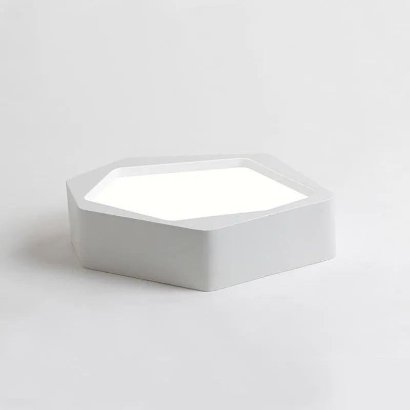 Geometric shaped LED panel ceiling light in black or white iron frame, remote control included.
