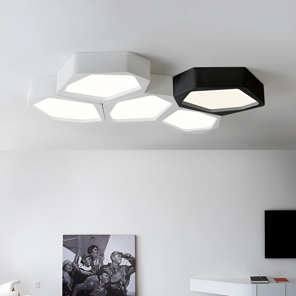 Geometric shaped LED panel ceiling light in black or white iron frame, remote control included.