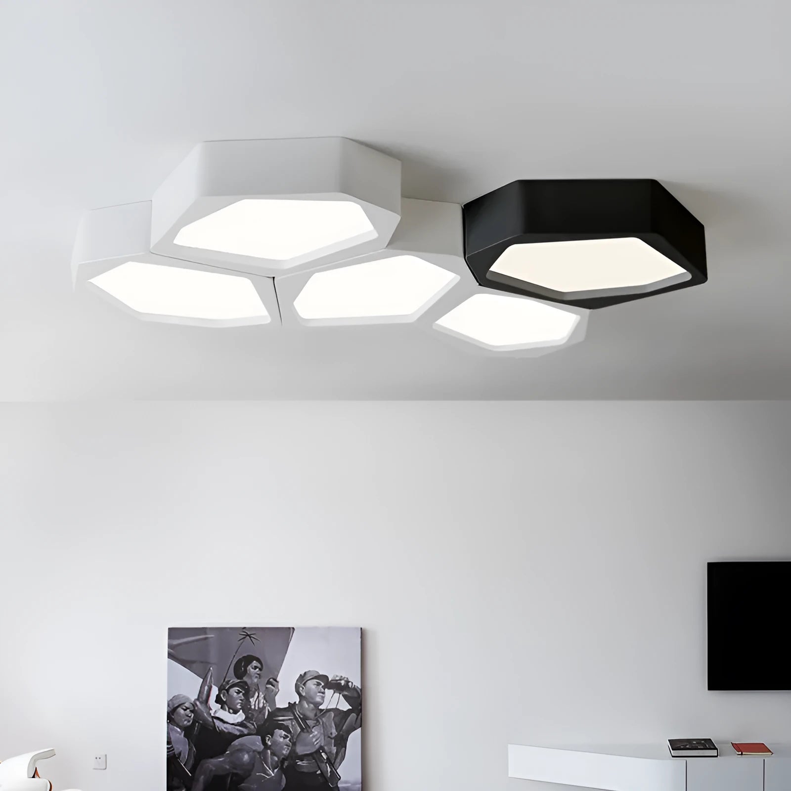Geometric shaped LED panel ceiling light in black or white iron frame, remote control included.