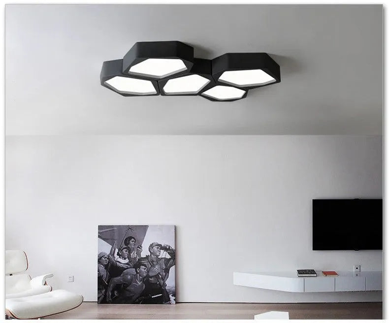 Geometric shaped LED panel ceiling light in black or white iron frame, remote control included.