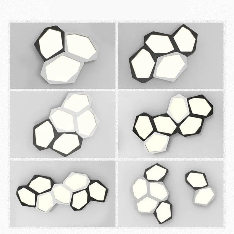Geometric shaped LED panel ceiling light in black or white iron frame, remote control included.