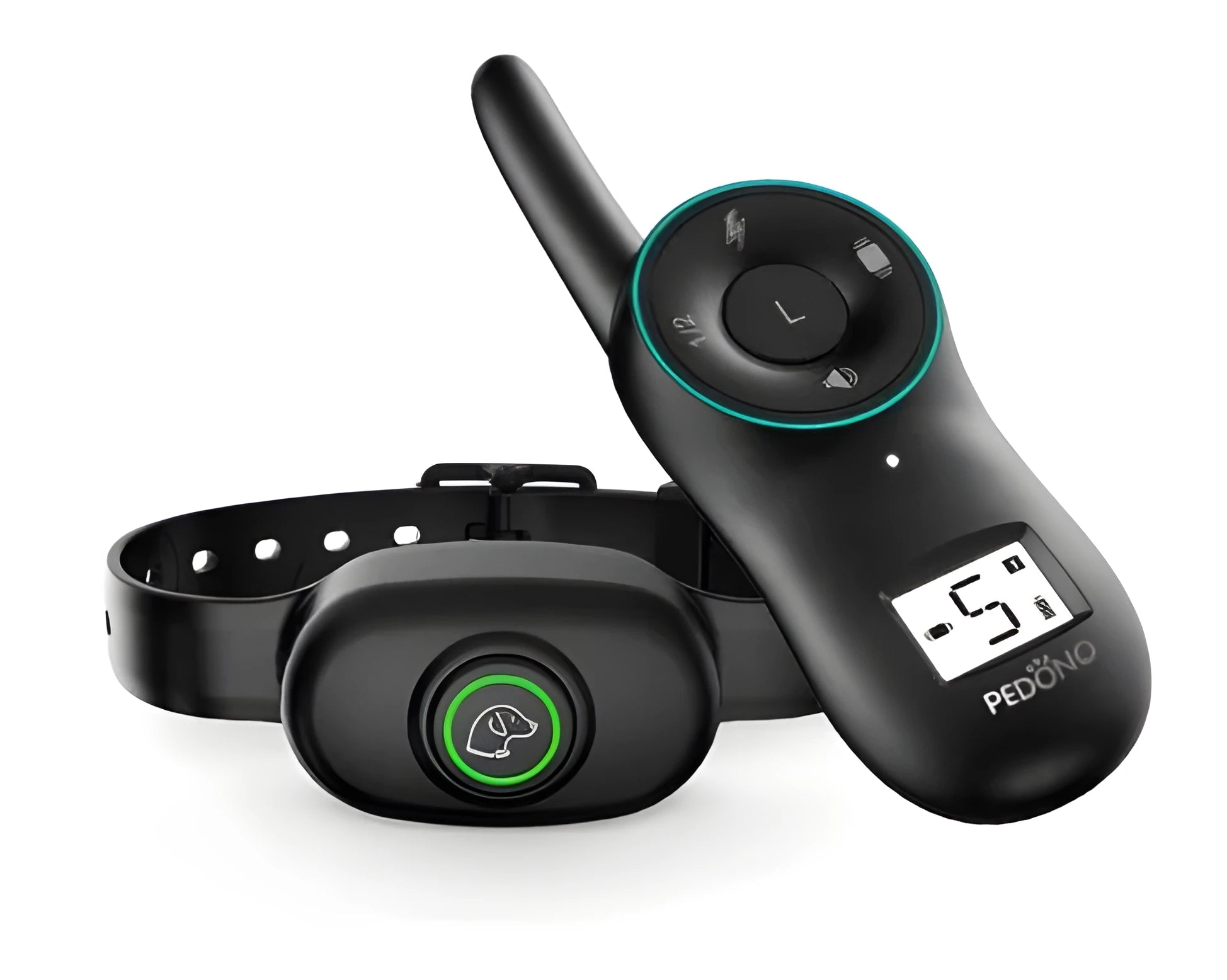 Black rechargeable remote dog training collar with waterproof IP65 rating and adjustable intensity control