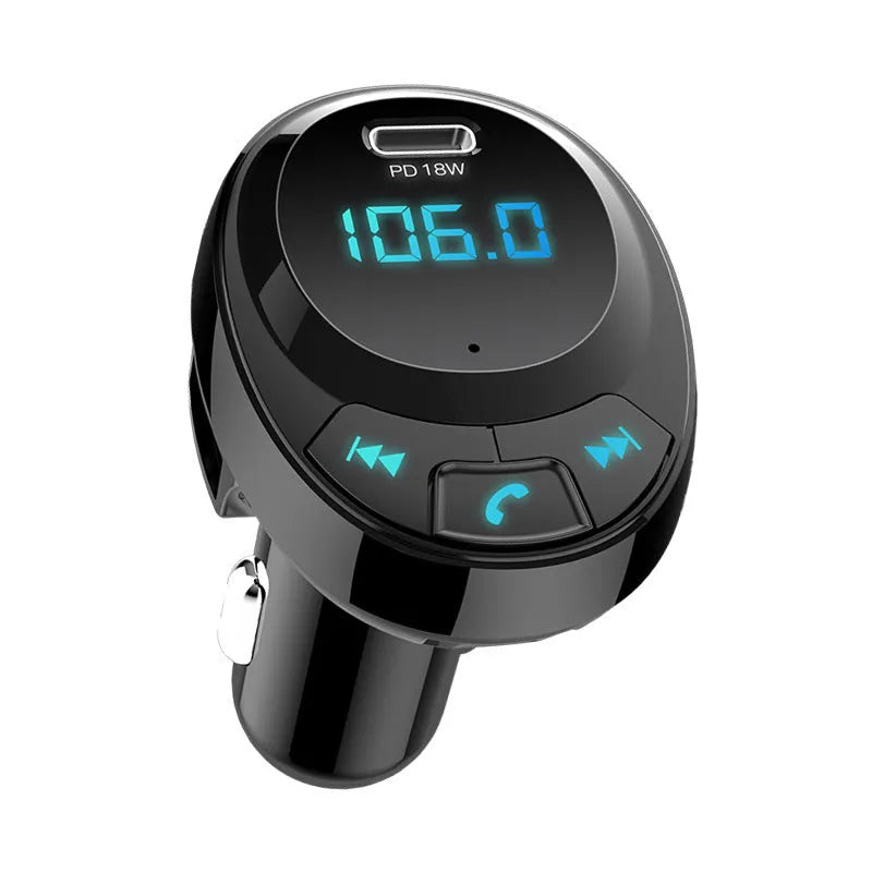 Black car Bluetooth MP3 transmitter with digital screen and dual USB ports for cigarette lighter socket