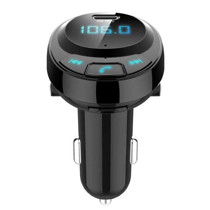 Black car Bluetooth MP3 transmitter with digital screen and dual USB ports for cigarette lighter socket