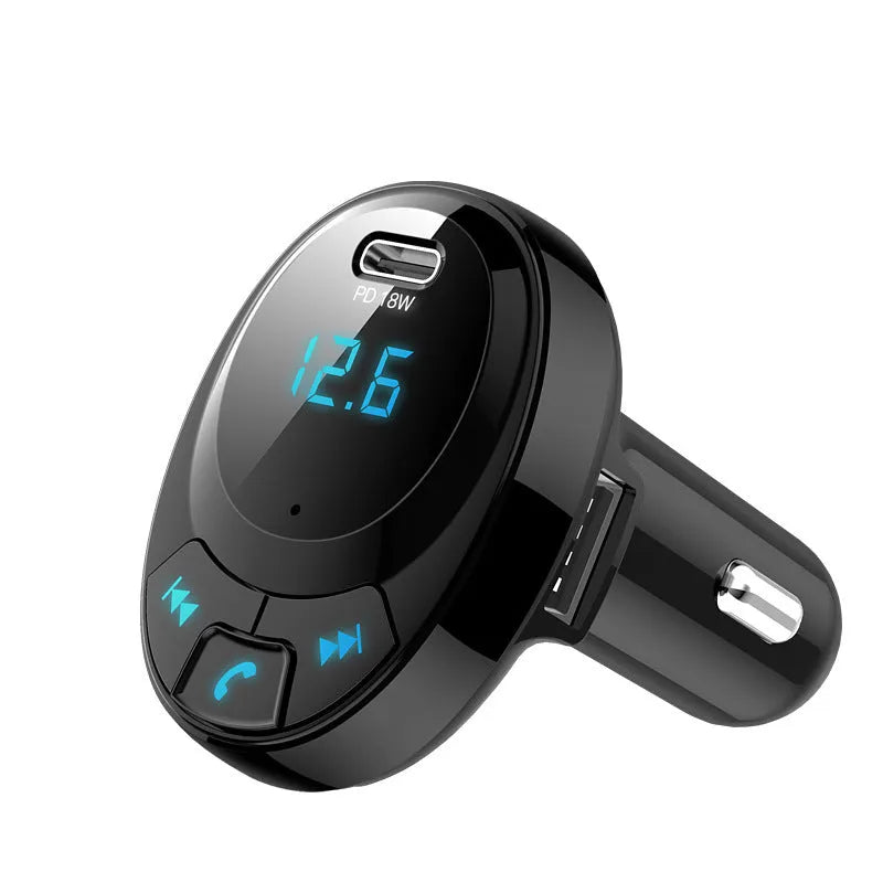 Black car Bluetooth MP3 transmitter with digital screen and dual USB ports for cigarette lighter socket