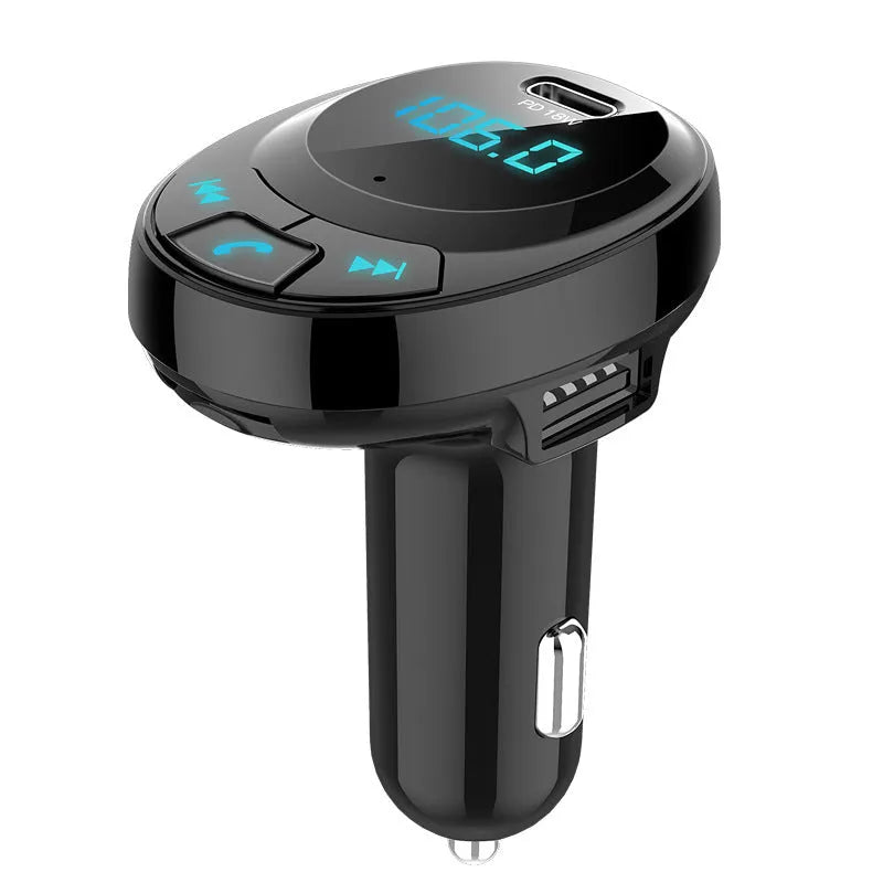 Black car Bluetooth MP3 transmitter with digital screen and dual USB ports for cigarette lighter socket