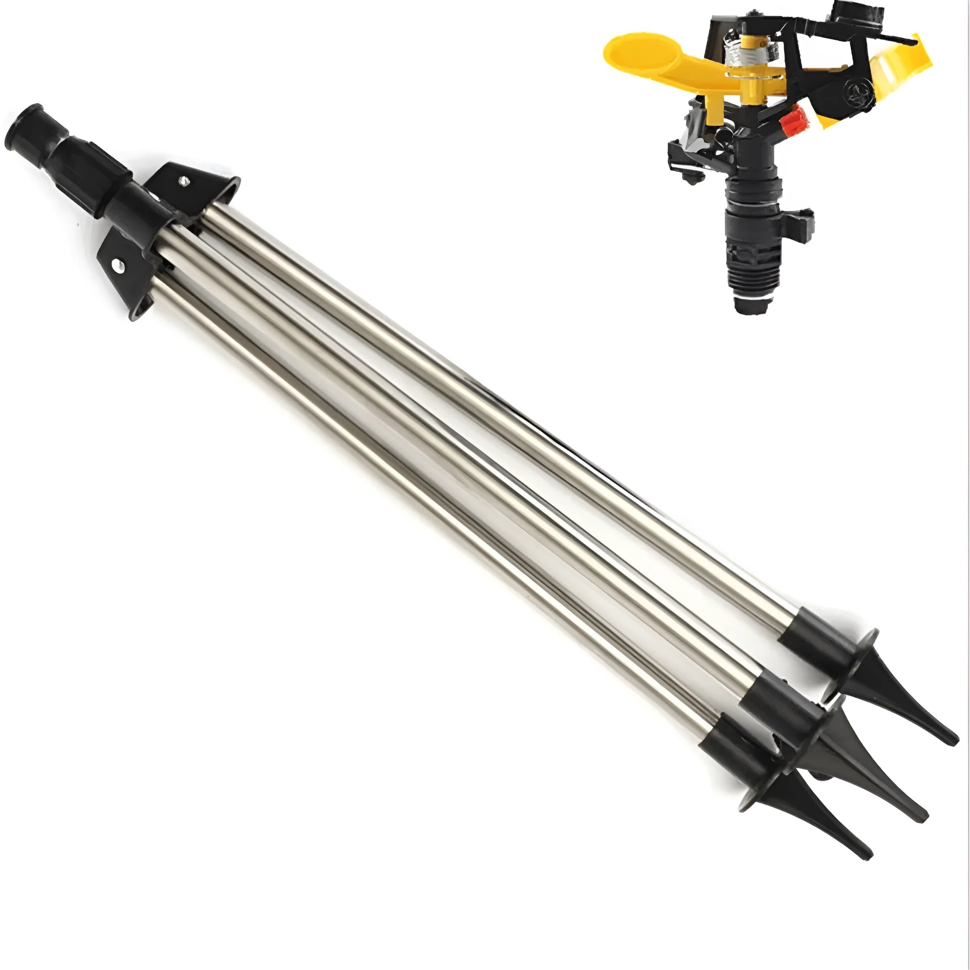 Automatic 360-degree rotating sprinkler on tripod for garden lawn irrigation with adjustable height and spray angle