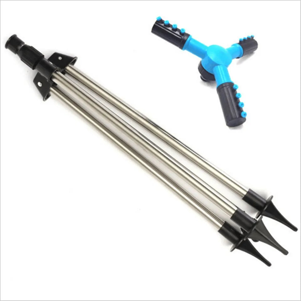 Automatic 360-degree rotating sprinkler on tripod for garden lawn irrigation with adjustable height and spray angle