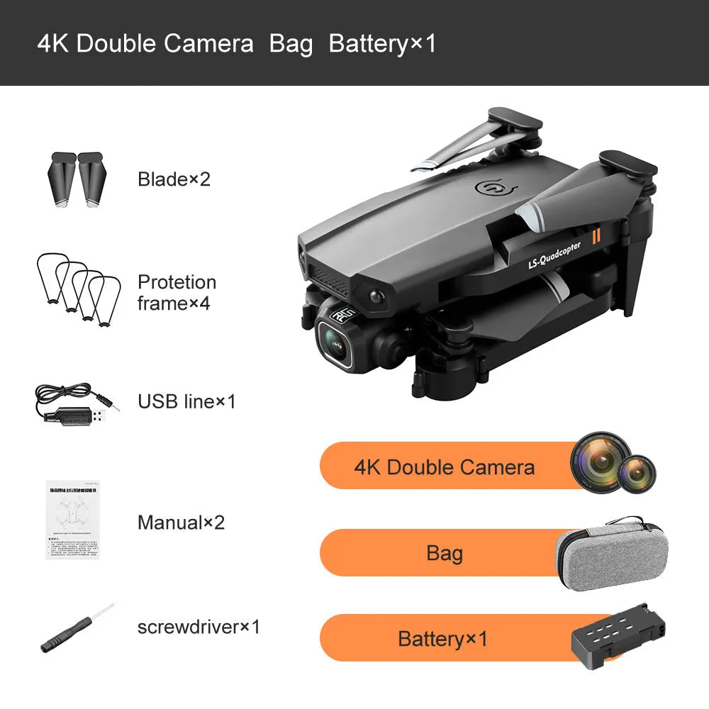 Mini quadcopter drone with dual 4K and 1080P lens cameras, 18x15x4cm, on a white background
