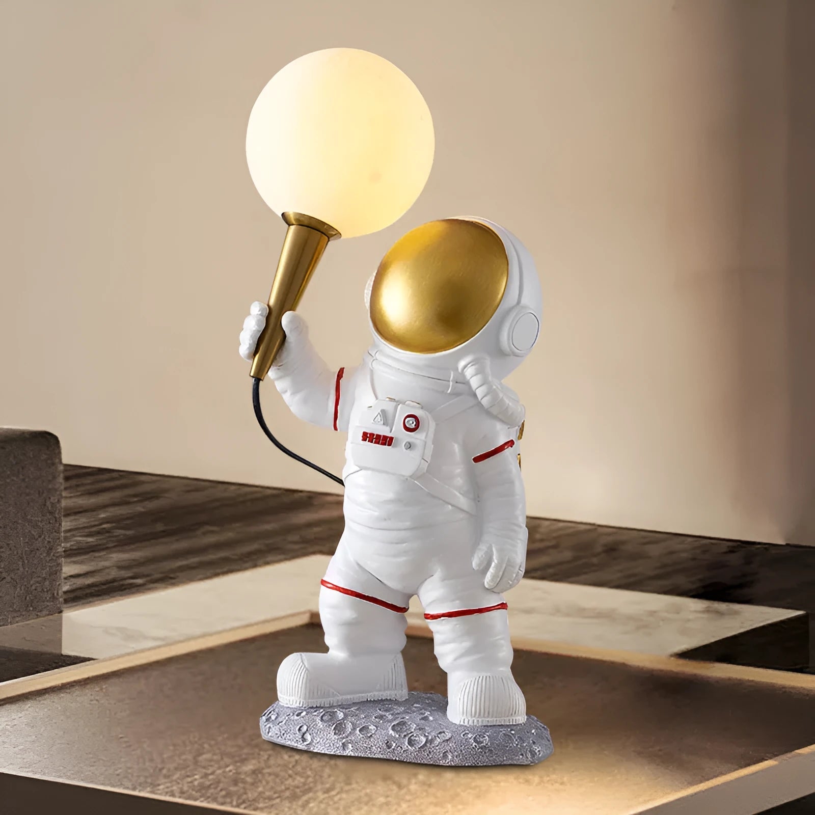 Astronaut desk lamp in white resin and PLA, children's night light in standing style